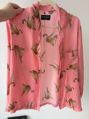 Kittenish Pink Leopard-Print Satin Pajama Top